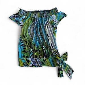 Heart Soul Vibrant Blue and Green Off-Shoulder Blouse